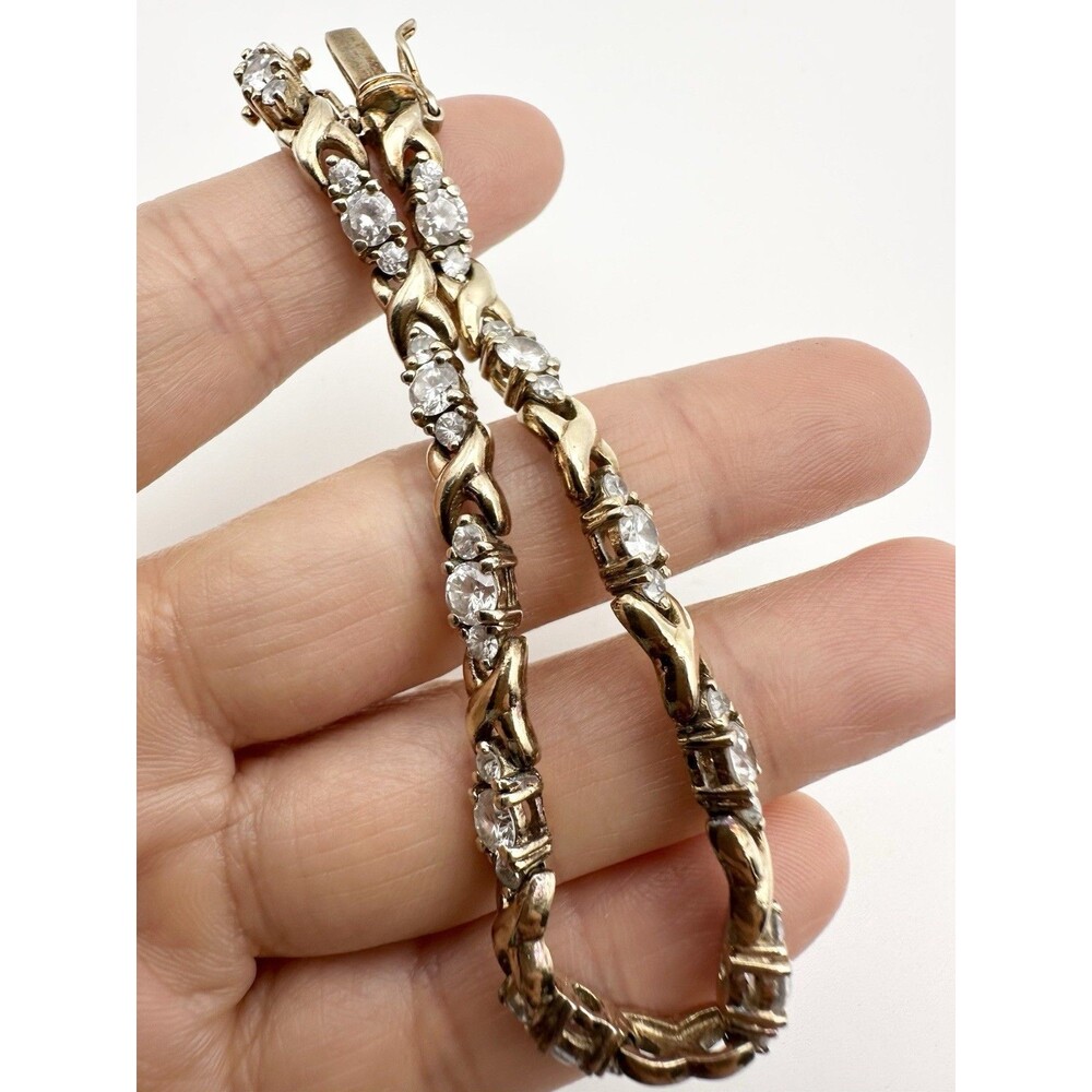 Sterling Silver Gold Vermeil Simulated Diamond Tennis Bracelet 6.5”